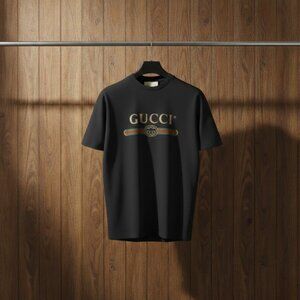 Luxury Gucii Graphic T-Shirt Italian Designer Style Black Cotton Tee Men